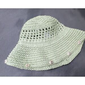 Zara NWT Shell Crochet Bucket Hat Sage Green Raffia Straw Boho Mermaidcore Med